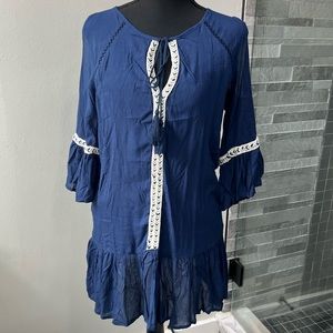 Navy & Cream Embroidered Bohemian Beach Tunic - Brand New Size Small